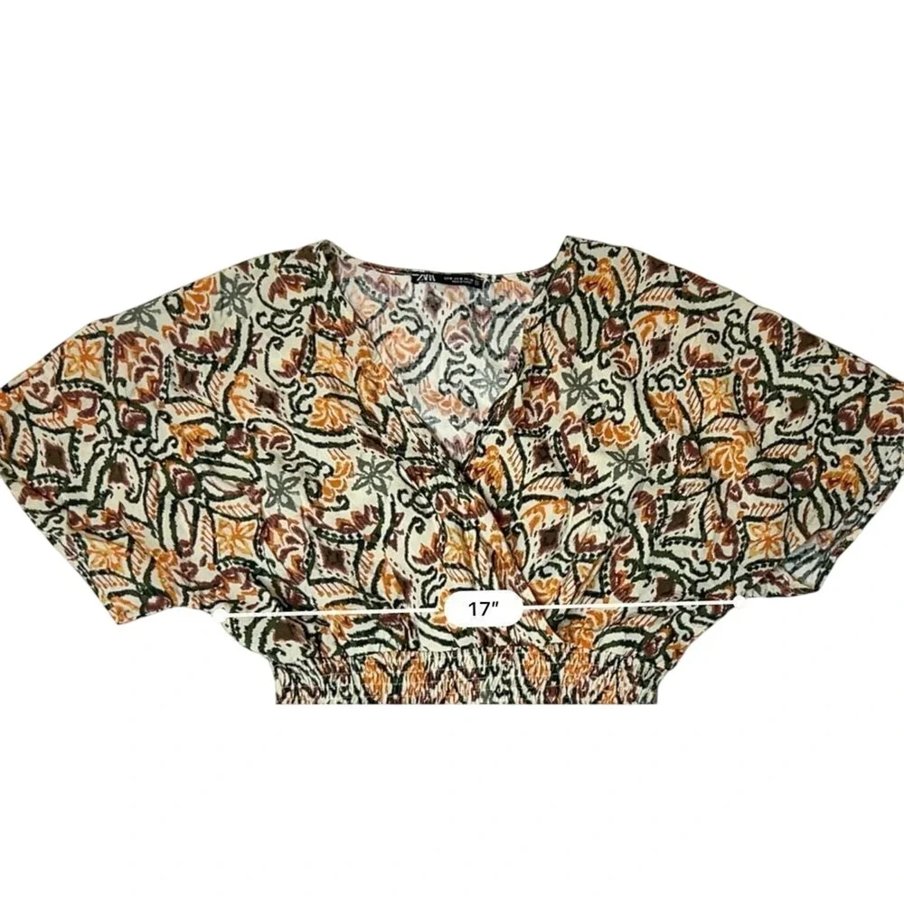 Zara AOP Ikat Print Tiered Elastic Waist Dress Tan Green Tribal MEDIUM Boho Chic - Picture 6 of 10